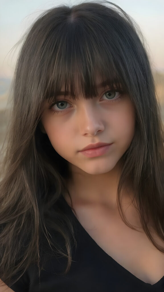 a (((very young, petite and cute teen girl))), with ((super long, jet black hair, straight and smooth hair, with no bangs or fringe))), that softly floats in the air and cascades down her back in a sleek, sexy and sophisticated ((black mini low-cut v-neck T-shirt)) with a sheer, shimmering and alluring finish. Her cheeks are rosy with happiness, her eyes sparkle like emeralds, giving off an innocent yet playful vibe. The scene exudes a youthful, happy and sexy atmosphere, perfect for a summer day with a special emphasis on the sensual power of a warm, inviting sun