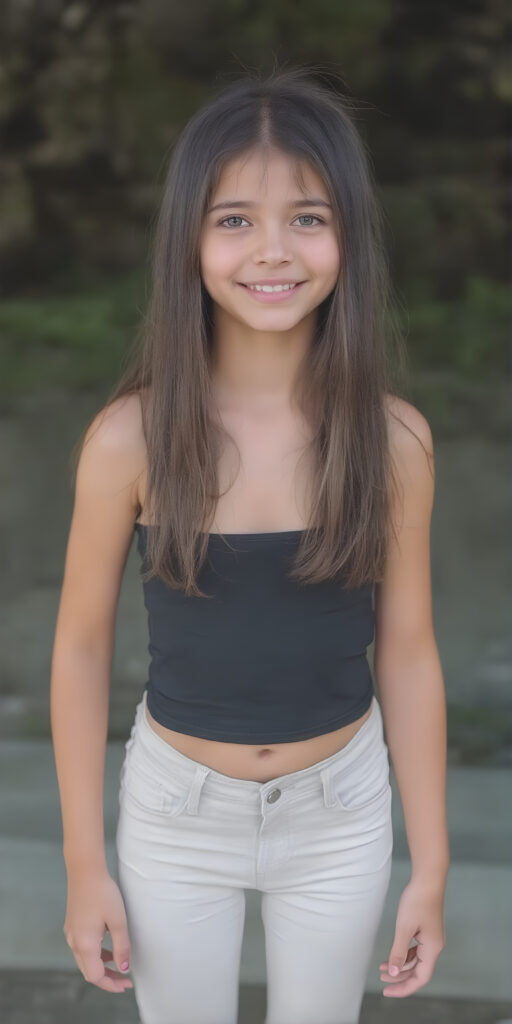 a (((very young, slim and cute teen girl))), with long, straight black hair, and a delicate, (((thin and toned body)), adorned with sleek, (((white and silver skinny jeans))), paired with a cropped top in a (((black sleeveless thin strap crop top))), that accentuates her slender figure. Her face is (((pale and flawless))), with (((bright white skin))), rosy cheeks and (((natural looking eyes))). She is exuding an air of youthful confidence and (natural beauty). (((Full body view))) of her looking happy and playful, set against a natural and (high-resolution) backdrop, showcasing her full figure and (((straight and toned legs))) that are distinctly visible, she stands in front of the viewer