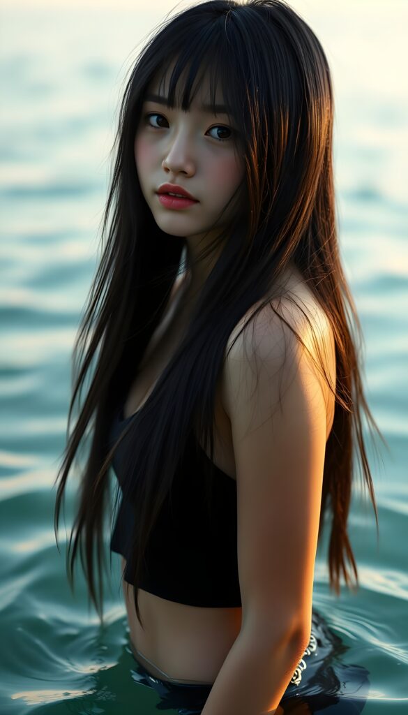 a (((very young, petite and cute teen girl))), with ((super long, jet black hair, straight and smooth hair, with no bangs or fringe))), that softly floats in the air and cascades down her back in a sleek, sexy and sophisticated ((black mini low-cut v-neck T-shirt)) with a sheer, shimmering and alluring finish. Her cheeks are rosy with happiness, her eyes sparkle like emeralds, giving off an innocent yet playful vibe. The scene exudes a youthful, happy and sexy atmosphere and she is standing waist-deep in crystal clear water., perfect for a summer day with a special emphasis on the sensual power of a warm, inviting sun