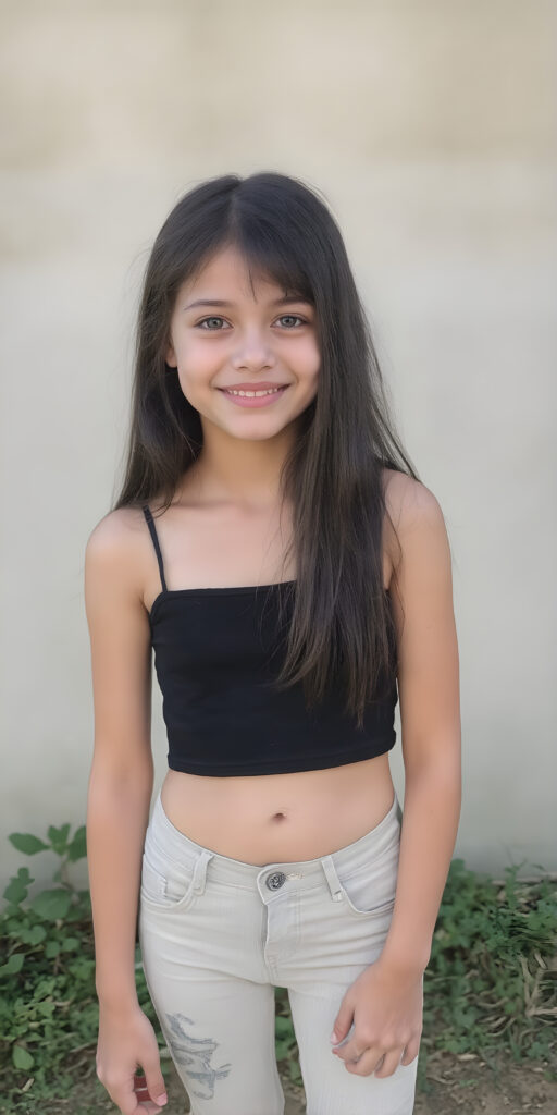 a (((very young, slim and cute teen girl))), with long, straight black hair, and a delicate, (((thin and toned body)), adorned with sleek, (((white and silver skinny jeans))), paired with a cropped top in a (((black sleeveless thin strap crop top))), that accentuates her slender figure. Her face is (((pale and flawless))), with (((bright white skin))), rosy cheeks and (((natural looking eyes))). She is exuding an air of youthful confidence and (natural beauty). (((Full body view))) of her looking happy and playful, set against a natural and (high-resolution) backdrop, showcasing her full figure and (((straight and toned legs))) that are distinctly visible, she stands in front of the viewer
