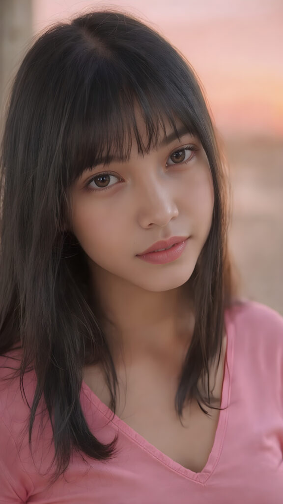 a (((very young, petite and cute busty teen e-girl))), with ((long, jet black hair, straight and smooth hair, with bangs)), that softly floats in the air and cascades down her back in a sleek, sexy and sophisticated ((pink mini low-cut v-neck T-shirt)) with a sheer, shimmering and alluring finish. Her cheeks are rosy with happiness, her eyes sparkle like emeralds, giving off an innocent yet playful vibe. The scene exudes a youthful, happy and sexy atmosphere, perfect for a summer day with a special emphasis on the sensual power of a warm, inviting sun