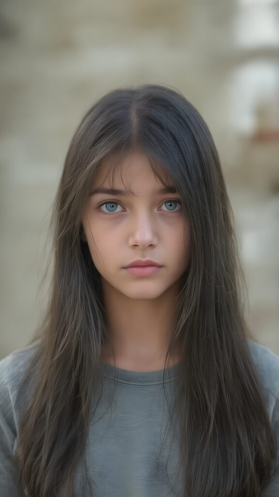 a (((very young, petite and cute teen girl))), with ((super long, jet black hair, straight and smooth soft hair, detailed face, super realistic blue eyes, centered portrait, full face
