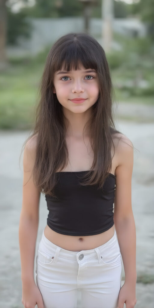 a (((very young, slim and cute teen girl))), with long, straight black hair, and a delicate, (((thin and toned body)), adorned with sleek, (((white and silver skinny jeans))), paired with a cropped top in a (((black sleeveless thin strap crop top))), that accentuates her slender figure. Her face is (((pale and flawless))), with (((bright white skin))), rosy cheeks and (((natural looking eyes))). She is exuding an air of youthful confidence and (natural beauty). (((Full body view))) of her looking happy and playful, set against a natural and (high-resolution) backdrop, showcasing her full figure and (((straight and toned legs))) that are distinctly visible, she stands in front of the viewer