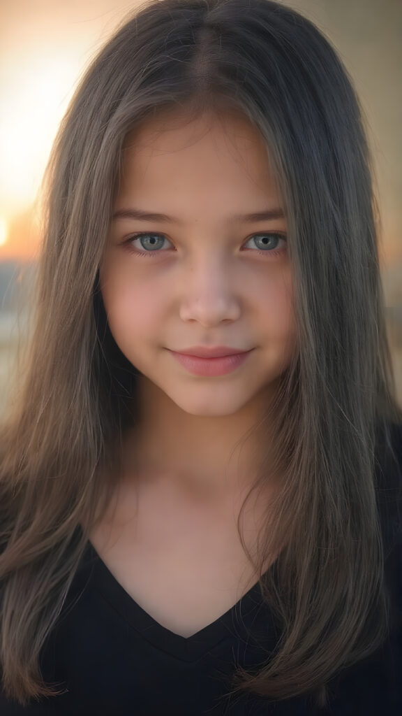 a (((very young, petite and cute teen girl))), with ((super long, jet black hair, straight and smooth hair, with no bangs or fringe))), that softly floats in the air and cascades down her back in a sleek, sexy and sophisticated ((black mini low-cut v-neck T-shirt)) with a sheer, shimmering and alluring finish. Her cheeks are rosy with happiness, her eyes sparkle like emeralds, giving off an innocent yet playful vibe. The scene exudes a youthful, happy and sexy atmosphere, perfect for a summer day with a special emphasis on the sensual power of a warm, inviting sun