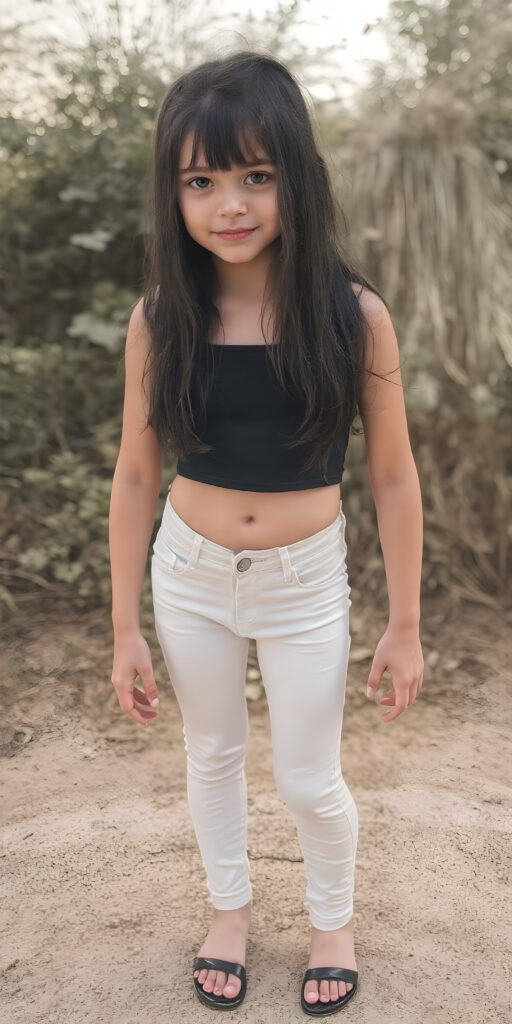 a (((very young, slim and cute teen girl))), with long, straight black hair, and a delicate, (((thin and toned body)), adorned with sleek, (((white and silver skinny jeans))), paired with a cropped top in a (((black sleeveless thin strap crop top))), that accentuates her slender figure. Her face is (((pale and flawless))), with (((bright white skin))), rosy cheeks and (((natural looking eyes))). She is exuding an air of youthful confidence and (natural beauty). (((Full body view))) of her looking happy and playful, set against a natural and (high-resolution) backdrop, showcasing her full figure and (((straight and toned legs))) that are distinctly visible, she stands in front of the viewer