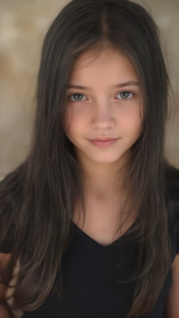 a (((very young, petite and cute teen girl))), with ((super long, jet black hair, straight and smooth hair, with no bangs or fringe))), that softly floats in the air and cascades down her back in a sleek, sexy and sophisticated ((black mini low-cut v-neck T-shirt)) with a sheer, shimmering and alluring finish. Her cheeks are rosy with happiness, her eyes sparkle like emeralds, giving off an innocent yet playful vibe. The scene exudes a youthful, happy and sexy atmosphere, perfect for a summer day with a special emphasis on the sensual power of a warm, inviting sun