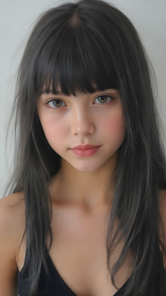 a (((very young, petite and cute teen girl))), with ((super long, jet black hair, straight and smooth hair, with bangs)), that softly floats in the air and cascades down her back in a sleek, sexy and sophisticated ((black mini low-cut v-neck tank top)) with a sheer, shimmering and alluring finish. Her cheeks are rosy with happiness, her eyes sparkle like emeralds, giving off an innocent yet playful vibe.