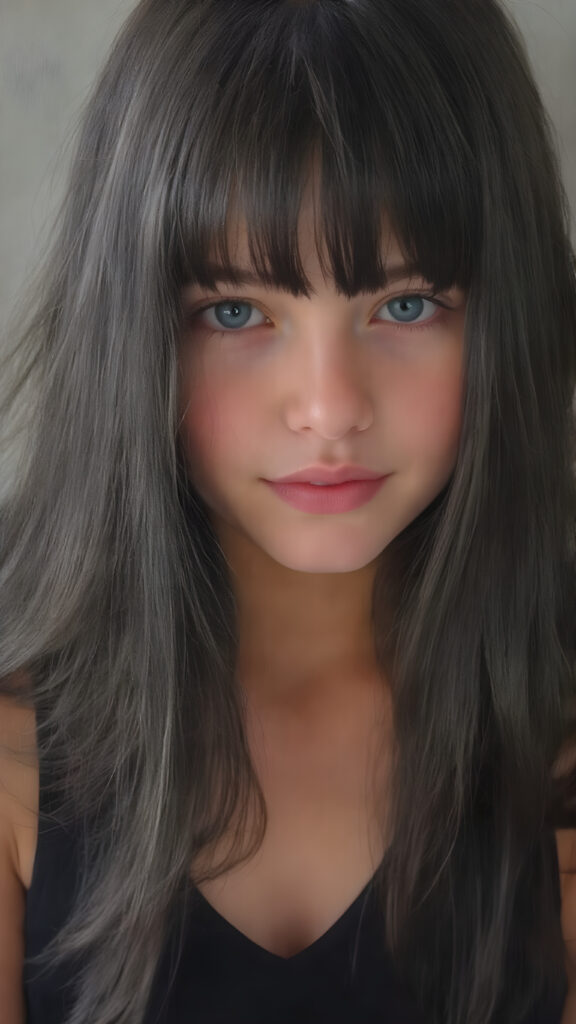 a (((very young, petite and cute teen girl))), with ((super long, jet black hair, straight and smooth hair, with bangs)), that softly floats in the air and cascades down her back in a sleek, sexy and sophisticated ((black mini low-cut v-neck tank top)) with a sheer, shimmering and alluring finish. Her cheeks are rosy with happiness, her eyes sparkle like emeralds, giving off an innocent yet playful vibe.