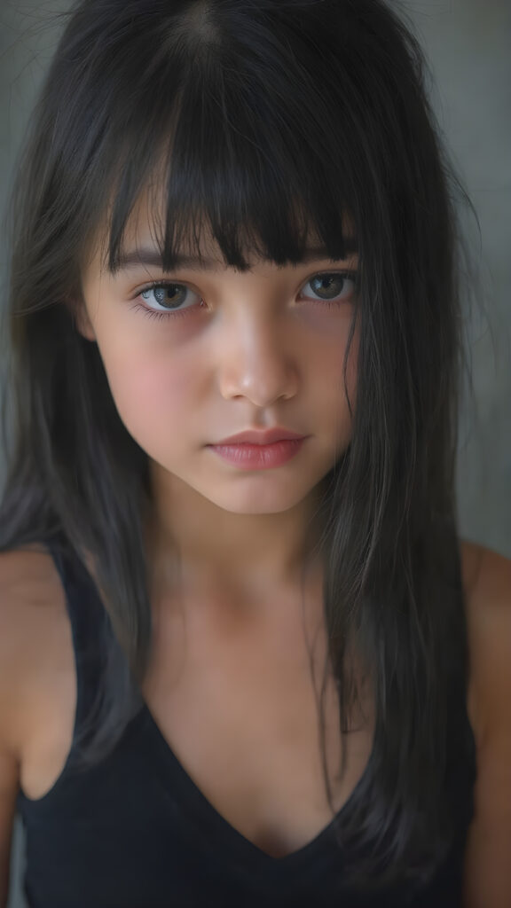 a (((very young, petite and cute teen girl))), with ((super long, jet black hair, straight and smooth hair, with bangs)), that softly floats in the air and cascades down her back in a sleek, sexy and sophisticated ((black mini low-cut v-neck tank top)) with a sheer, shimmering and alluring finish. Her cheeks are rosy with happiness, her eyes sparkle like emeralds, giving off an innocent yet playful vibe.