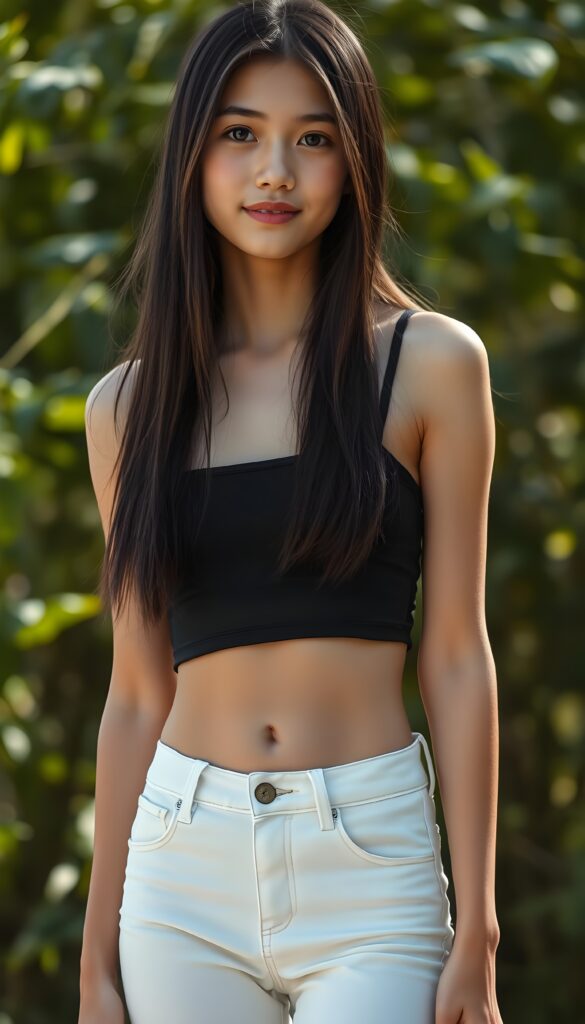 a (((very young, slim teen girl))), with long, straight black hair and light brown highlights to her hip, and a delicate, ((thin and toned body)), adorned with sleek, (((white skinny jeans))), paired with a (((black sleeveless thin strap cropped spaghetti top))), that accentuates her slender figure. Her face is (((pale and flawless))), with (((bright white skin))), rosy cheeks and (((natural looking eyes))). She is exuding an air of youthful confidence and (natural beauty). (((Full body view))) of her looking happy and playful, set against a natural and (high-resolution) backdrop, showcasing her full figure and (((straight and toned legs))) that are distinctly visible, she stands in front of the viewer
