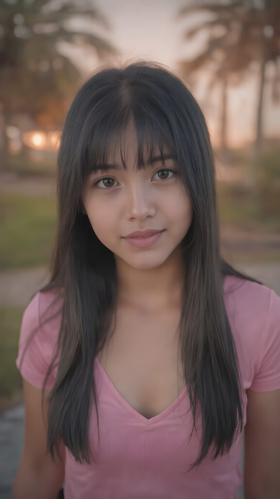 a (((very young, petite and cute busty teen e-girl))), with ((long, jet black hair, straight and smooth hair, with bangs)), that softly floats in the air and cascades down her back in a sleek, sexy and sophisticated ((pink mini low-cut v-neck T-shirt)) with a sheer, shimmering and alluring finish. Her cheeks are rosy with happiness, her eyes sparkle like emeralds, giving off an innocent yet playful vibe. The scene exudes a youthful, happy and sexy atmosphere, perfect for a summer day with a special emphasis on the sensual power of a warm, inviting sun