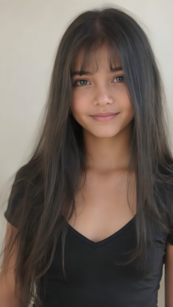 a (((very young, petite and cute teen girl))), with ((super long, jet black hair, straight and smooth hair, with no bangs or fringe))), that softly floats in the air and cascades down her back in a sleek, sexy and sophisticated ((black mini low-cut v-neck T-shirt)) with a sheer, shimmering and alluring finish. Her cheeks are rosy with happiness, her eyes sparkle like emeralds, giving off an innocent yet playful vibe. The scene exudes a youthful, happy and sexy atmosphere, perfect for a summer day with a special emphasis on the sensual power of a warm, inviting sun