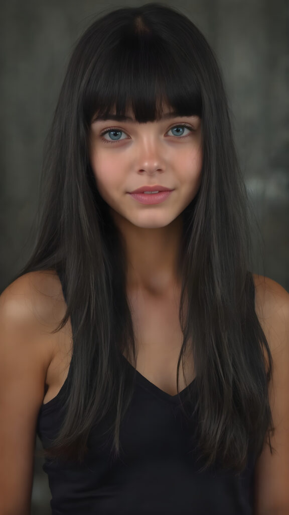 a (((very young, petite and cute teen girl))), with ((super long, jet black hair, straight and smooth hair, with bangs)), that softly floats in the air and cascades down her back in a sleek, sexy and sophisticated ((black mini low-cut v-neck tank top)) with a sheer, shimmering and alluring finish. Her cheeks are rosy with happiness, her eyes sparkle like emeralds, giving off an innocent yet playful vibe.