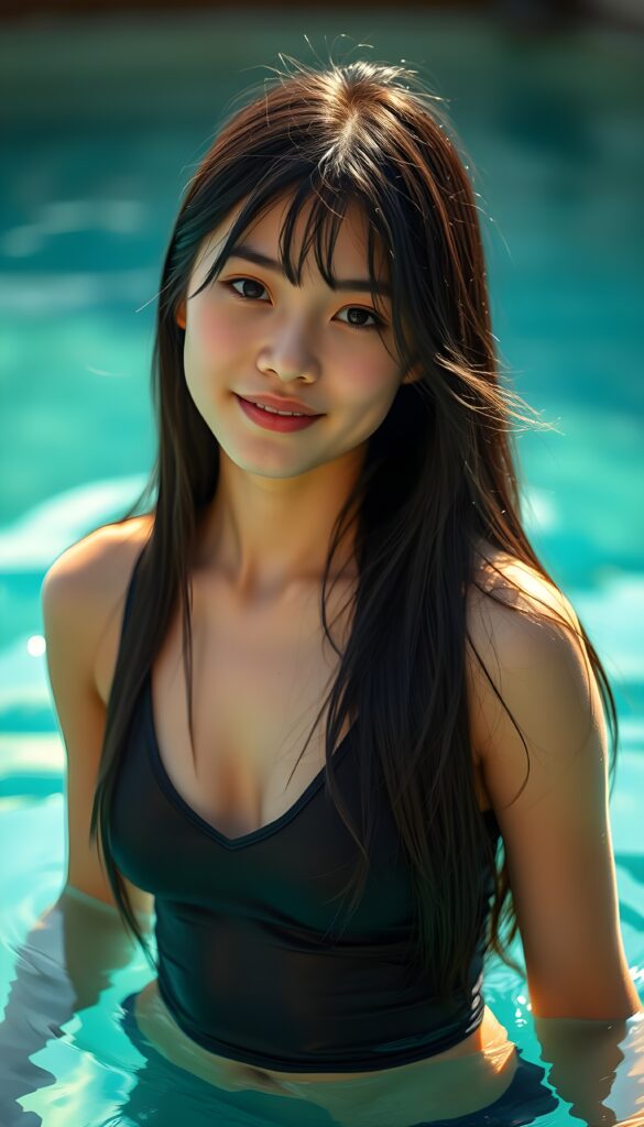 a (((very young, petite and cute teen girl))), with ((super long, jet black hair, straight and smooth hair, with no bangs or fringe))), that softly floats in the air and cascades down her back in a sleek, sexy and sophisticated ((black mini low-cut v-neck T-shirt)) with a sheer, shimmering and alluring finish. Her cheeks are rosy with happiness, her eyes sparkle like emeralds, giving off an innocent yet playful vibe. The scene exudes a youthful, happy and sexy atmosphere and she is standing waist-deep in crystal clear water., perfect for a summer day with a special emphasis on the sensual power of a warm, inviting sun