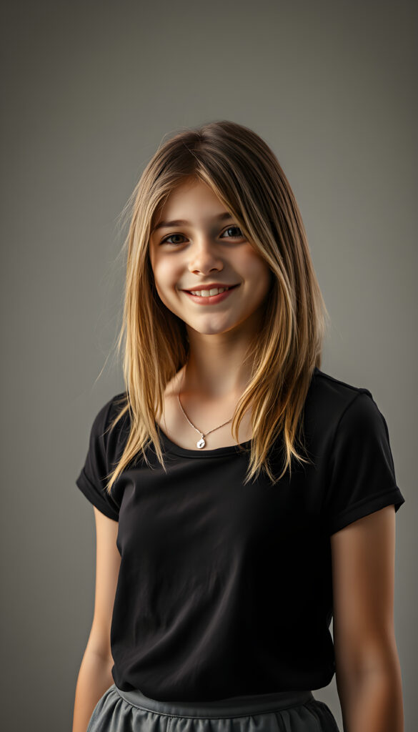 a vibrant, imaginative realistic portrait of a young teen girl with shoulder length straight brown hair and blonde straps, styled in a soft, natural wave. She wears a stylish black t-shirt that contrasts beautifully with her skirt, which is short, round. The lighting is soft and warm, highlighting her warm smile and the intricate details of her outfit, making the entire scene feel fresh and lively, all against a plain light grey studio backdrop