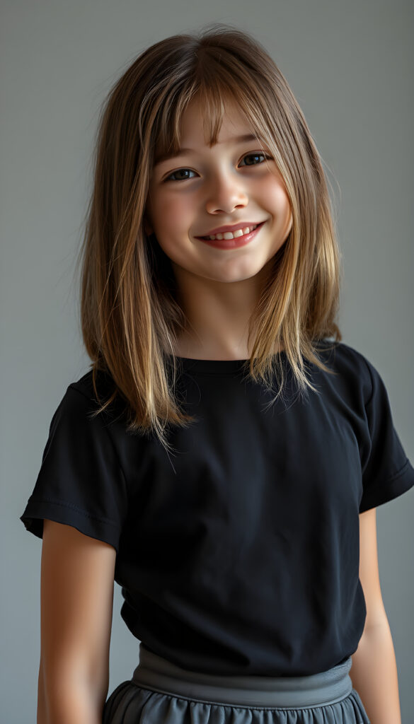 a vibrant, imaginative realistic portrait of a young teen girl with shoulder length straight brown hair and blonde straps, styled in a soft, natural wave. She wears a stylish black t-shirt that contrasts beautifully with her skirt, which is short, round. The lighting is soft and warm, highlighting her warm smile and the intricate details of her outfit, making the entire scene feel fresh and lively, all against a plain light grey studio backdrop