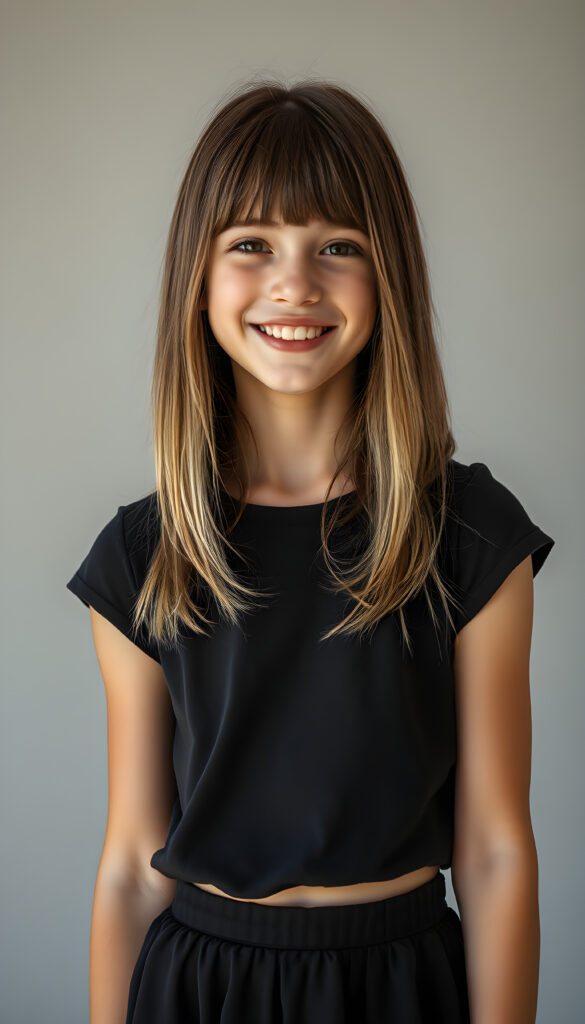 a vibrant, imaginative realistic portrait of a young teen girl with shoulder length straight brown hair and blonde straps, styled in a soft, natural wave. She wears a stylish black t-shirt that contrasts beautifully with her skirt, which is short, round. The lighting is soft and warm, highlighting her warm smile and the intricate details of her outfit, making the entire scene feel fresh and lively, all against a plain light grey studio backdrop
