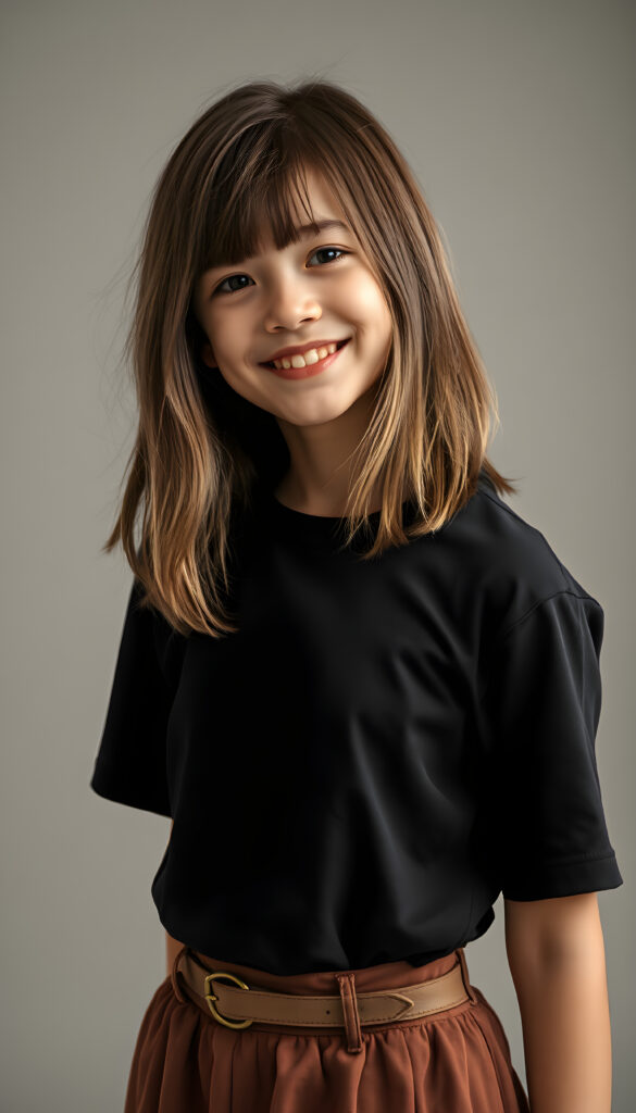 a vibrant, imaginative realistic portrait of a young teen girl with shoulder length straight brown hair and blonde straps, styled in a soft, natural wave. She wears a stylish black t-shirt that contrasts beautifully with her skirt, which is short, round. The lighting is soft and warm, highlighting her warm smile and the intricate details of her outfit, making the entire scene feel fresh and lively, all against a plain light grey studio backdrop
