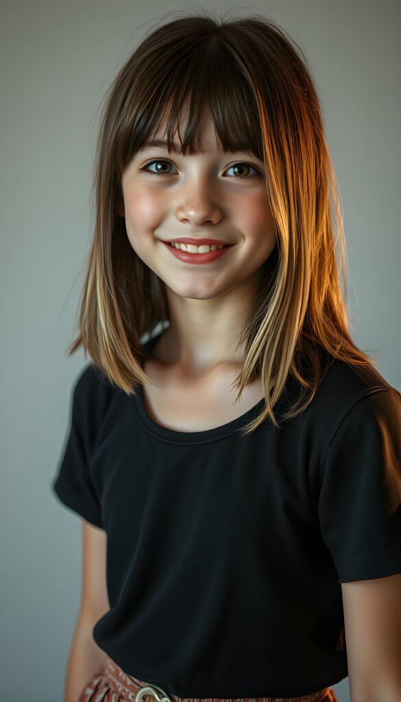a vibrant, imaginative realistic portrait of a young teen girl with shoulder length straight brown hair and blonde straps, styled in a soft, natural wave. She wears a stylish black t-shirt that contrasts beautifully with her skirt, which is short, round. The lighting is soft and warm, highlighting her warm smile and the intricate details of her outfit, making the entire scene feel fresh and lively, all against a plain light grey studio backdrop