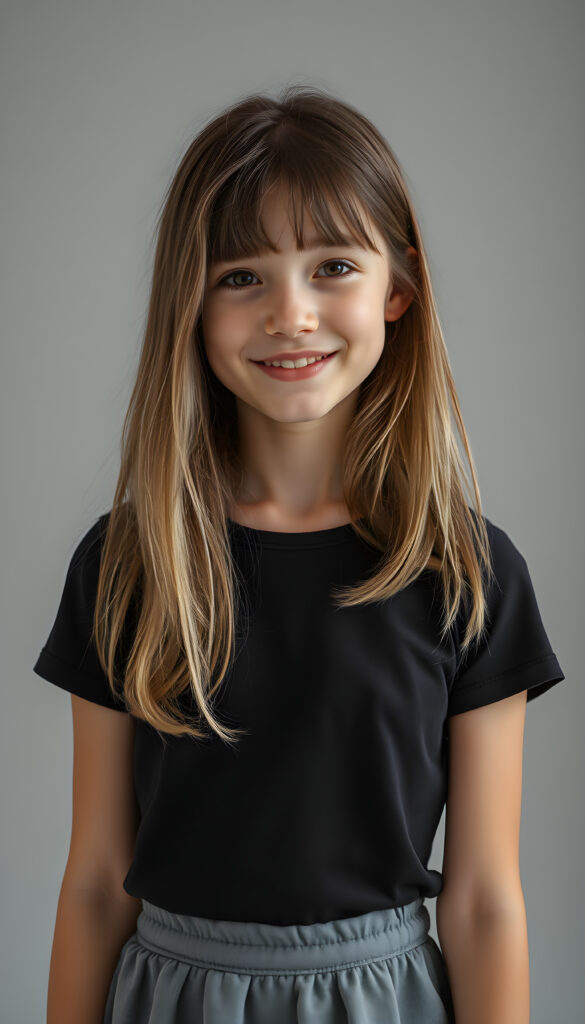 a vibrant, imaginative realistic portrait of a young teen girl with shoulder length straight brown hair and blonde straps, styled in a soft, natural wave. She wears a stylish black t-shirt that contrasts beautifully with her skirt, which is short, round. The lighting is soft and warm, highlighting her warm smile and the intricate details of her outfit, making the entire scene feel fresh and lively, all against a plain light grey studio backdrop