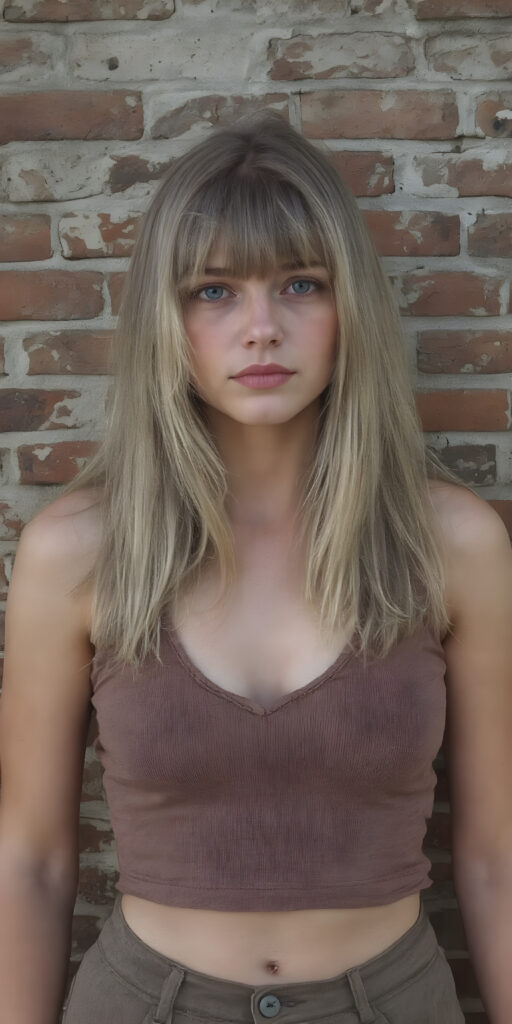a (((vintage photograph))) from a (((well busty tomboy teen girl with very long, straight detailed blond hair, bangs))), (wears a (((brown cropped tattered tank top made of fine wool, deep v-neck))), brown short round mini skirt), accentuating her (((navel))), perfect body, their colors muted by the advance of (digital technology) and the fading glow of (classic film), all against a detailed brick wall