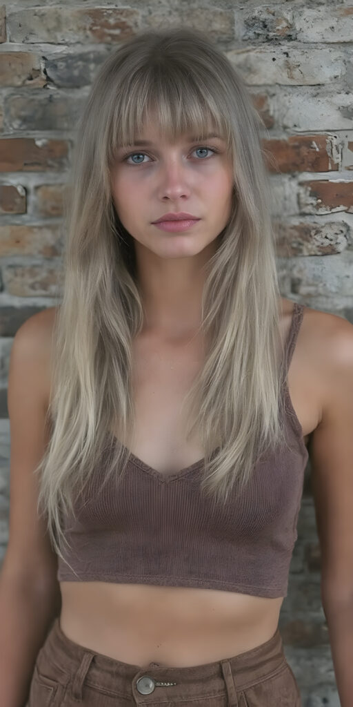 a (((vintage photograph))) from a (((well busty tomboy teen girl with very long, straight detailed blond hair, bangs))), (wears a (((brown cropped tattered tank top made of fine wool, deep v-neck))), brown short round mini skirt), accentuating her (((navel))), perfect body, their colors muted by the advance of (digital technology) and the fading glow of (classic film), all against a detailed brick wall