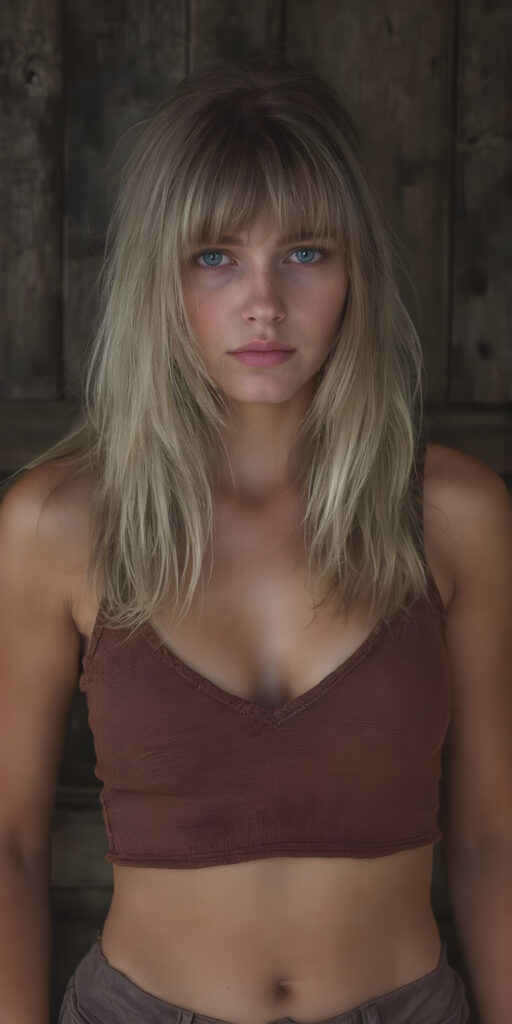 a (((vintage photograph)))from a (((well busty teen girl with very long, straight detailed blond hair, bangs))), (wears a (((brown cropped tattered tank top made of fine wool, deep v-neck))), brown short round mini skirt), accentuating her (((navel))), perfect body. The scene is set against a (((dark, rustic wood background))), their colors muted by the advance of (digital technology) and the fading glow of (classic film)