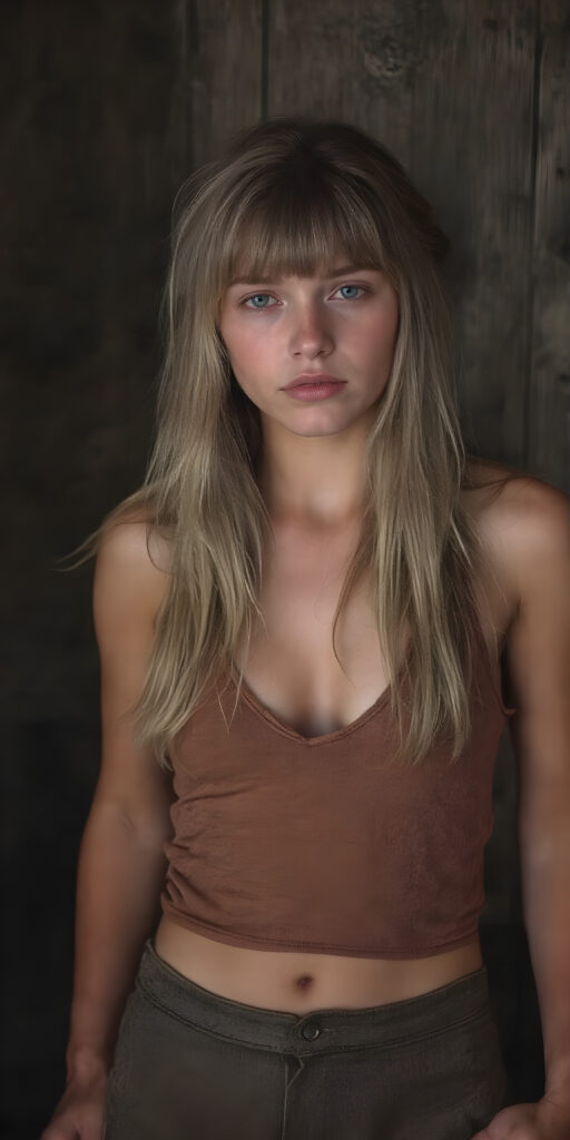 a (((vintage photograph)))from a (((well busty teen girl with very long, straight detailed blond hair, bangs))), (wears a (((brown cropped tattered tank top made of fine wool, deep v-neck))), brown short round mini skirt), accentuating her (((navel))), perfect body. The scene is set against a (((dark, rustic wood background))), their colors muted by the advance of (digital technology) and the fading glow of (classic film)