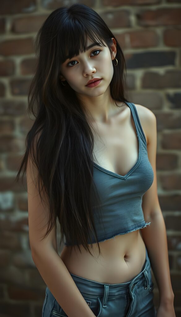 a (((vintage photograph))) from a (((tomboy teen girl with very long, straight detailed black soft hair and brown highlights, bangs))), (wears a (((grey cropped tattered tank top, deep v-neck))), short jeans pants), accentuating her (((belly button))), perfect body, all against a detailed brick wall, side view