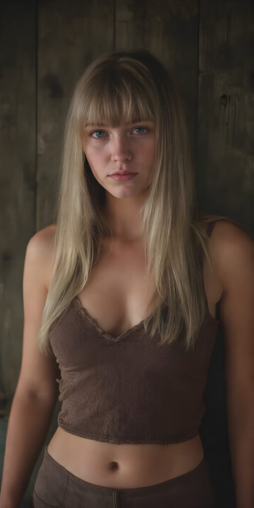 a (((vintage photograph)))from a (((well busty teen girl with very long, straight detailed blond hair, bangs))), (wears a (((brown cropped tattered tank top made of fine wool, deep v-neck))), brown short round mini skirt), accentuating her (((navel))), perfect body. The scene is set against a (((dark, rustic wood background))), their colors muted by the advance of (digital technology) and the fading glow of (classic film)