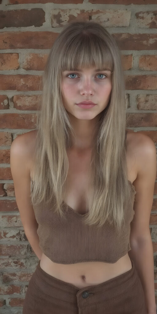 a (((vintage photograph))) from a (((well busty tomboy teen girl with very long, straight detailed blond hair, bangs))), (wears a (((brown cropped tattered tank top made of fine wool, deep v-neck))), brown short round mini skirt), accentuating her (((navel))), perfect body, their colors muted by the advance of (digital technology) and the fading glow of (classic film), all against a detailed brick wall