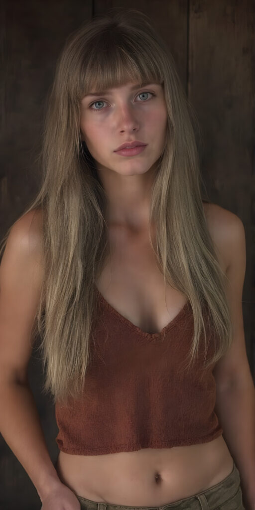 a (((vintage photograph)))from a (((well busty teen girl with very long, straight detailed blond hair, bangs))), (wears a (((brown cropped tattered tank top made of fine wool, deep v-neck))), brown short round mini skirt), accentuating her (((navel))), perfect body. The scene is set against a (((dark, rustic wood background))), their colors muted by the advance of (digital technology) and the fading glow of (classic film)