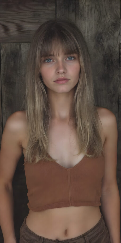 a (((vintage photograph)))from a (((well busty teen girl with very long, straight detailed blond hair, bangs))), (wears a (((brown cropped tattered tank top made of fine wool, deep v-neck))), brown short round mini skirt), accentuating her (((navel))), perfect body. The scene is set against a (((dark, rustic wood background))), their colors muted by the advance of (digital technology) and the fading glow of (classic film)