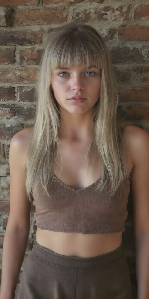 a (((vintage photograph))) from a (((well busty tomboy teen girl with very long, straight detailed blond hair, bangs))), (wears a (((brown cropped tattered tank top made of fine wool, deep v-neck))), brown short round mini skirt), accentuating her (((navel))), perfect body, their colors muted by the advance of (digital technology) and the fading glow of (classic film), all against a detailed brick wall