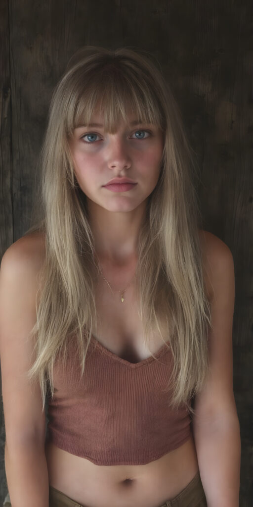 a (((vintage photograph)))from a (((well busty teen girl with very long, straight detailed blond hair, bangs))), (wears a (((brown cropped tattered tank top made of fine wool, deep v-neck))), brown short round mini skirt), accentuating her (((navel))), perfect body. The scene is set against a (((dark, rustic wood background))), their colors muted by the advance of (digital technology) and the fading glow of (classic film)