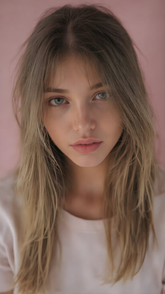 a (((vivid full body portrait))) showcasing a (((natural girl))) with long, (((detailed hair))), flowing down her shoulders and cascading down her back, her lips are full and painted in a (((light natural pink)), matching eyes she’s wearing a (((cotton shirt))), and a (((natural-toned body))), adorned with (((delicate hand and finger tattoos))), that give off a (((soft, pastel glow))). Her attire is (((comfortable, natural, and elegant))). She exudes a (((natural beauty))), with a (((light natural pink complexion))), and (((a soft, pastel pink expression))), that complements her (((vibrant, natural eyes))) beautifully. The scene is captured in a (((high-resolution, natural photograph))), with a (((soft, pastel pink light shining on her))) as the backdrop. Her posture is (((the most beautiful part of her body))), as it embodies (((Natural Beauty with a radiant glow))) that radiates an (((ethereal and alluring expression))), which gives off a (((subtle yet captivating vibe))).