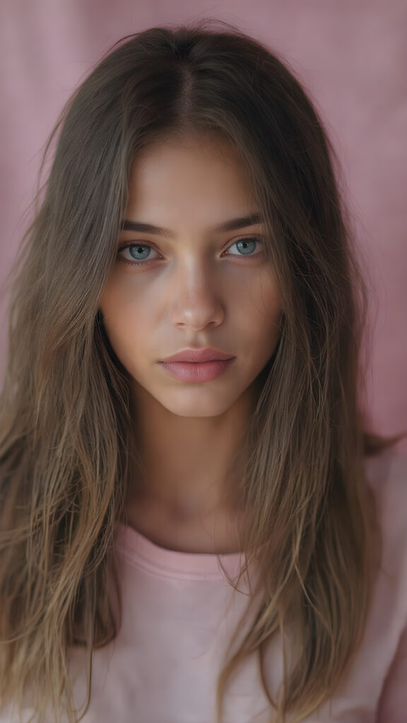 a (((vivid full body portrait))) showcasing a (((natural girl))) with long, (((detailed hair))), flowing down her shoulders and cascading down her back, her lips are full and painted in a (((light natural pink)), matching eyes she’s wearing a (((cotton shirt))), and a (((natural-toned body))), adorned with (((delicate hand and finger tattoos))), that give off a (((soft, pastel glow))). Her attire is (((comfortable, natural, and elegant))). She exudes a (((natural beauty))), with a (((light natural pink complexion))), and (((a soft, pastel pink expression))), that complements her (((vibrant, natural eyes))) beautifully. The scene is captured in a (((high-resolution, natural photograph))), with a (((soft, pastel pink light shining on her))) as the backdrop. Her posture is (((the most beautiful part of her body))), as it embodies (((Natural Beauty with a radiant glow))) that radiates an (((ethereal and alluring expression))), which gives off a (((subtle yet captivating vibe))).