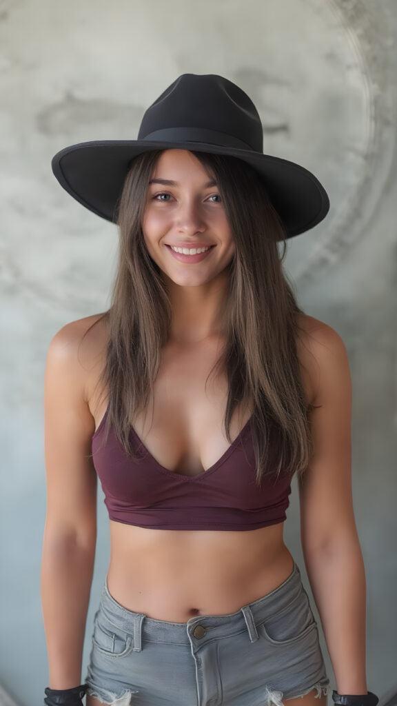 a (((vivid full body))) of a (((beautiful well busty teen girl))) with a perfect curvy figure, sporting a (((deep v-neck spaghetti cropped tank top))) and ((tattered shorts)), paired with luxurious ((black suede gloves)) and a (((black suede wide brim hat))) that accentuates her natural-toned legs. Long, straight brown hair, her smile reflects an air of confidence and sophistication, as she poses for a view from the front.