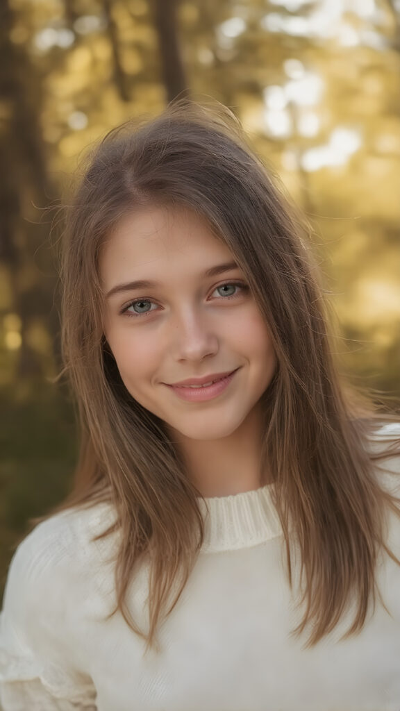 a vivid, full-body (((portrait))) in the style of ultra-realistic detailed photography, featuring a cute and beautiful teenage girl with ((long, flowing brown hair, perfect cut of equal right and left length)) and ((natural looking light brown eyes)), freckles on her face, wearing a ((white super fine sweater)), that brings out her ((summer glow)). She's smiling warmly into the camera, facing the viewer, with ((beautiful, soft and natural looking light brown lips)). The background is a (sunny forest) that complements the warm and inviting colors of the foreground figure. ((depth of field)) that gives the whole composition a ((natural and artistic aesthetic))