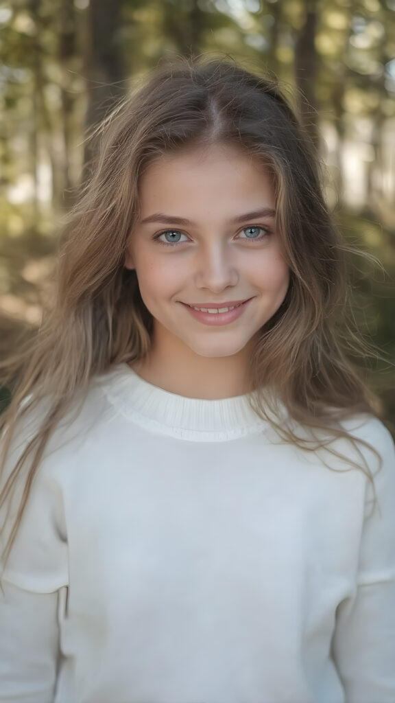 a vivid, full-body (((portrait))) in the style of ultra-realistic detailed photography, featuring a cute and beautiful teenage girl with ((long, flowing brown hair, perfect cut of equal right and left length)) and ((natural looking light brown eyes)), freckles on her face, wearing a ((white super fine sweater)), that brings out her ((summer glow)). She's smiling warmly into the camera, facing the viewer, with ((beautiful, soft and natural looking light brown lips)). The background is a (sunny forest) that complements the warm and inviting colors of the foreground figure. ((depth of field)) that gives the whole composition a ((natural and artistic aesthetic))