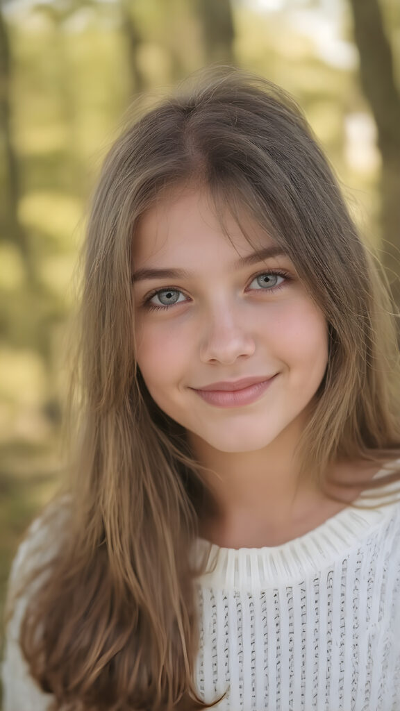a vivid, full-body (((portrait))) in the style of ultra-realistic detailed photography, featuring a cute and beautiful teenage girl with ((long, flowing brown hair, perfect cut of equal right and left length)) and ((natural looking light brown eyes)), freckles on her face, wearing a ((white super fine sweater)), that brings out her ((summer glow)). She's smiling warmly into the camera, facing the viewer, with ((beautiful, soft and natural looking light brown lips)). The background is a (sunny forest) that complements the warm and inviting colors of the foreground figure. ((depth of field)) that gives the whole composition a ((natural and artistic aesthetic))