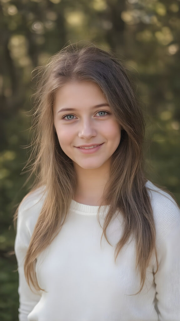 a vivid, full-body (((portrait))) in the style of ultra-realistic detailed photography, featuring a cute and beautiful teenage girl with ((long, flowing brown hair, perfect cut of equal right and left length)) and ((natural looking light brown eyes)), freckles on her face, wearing a ((white super fine sweater)), that brings out her ((summer glow)). She's smiling warmly into the camera, facing the viewer, with ((beautiful, soft and natural looking light brown lips)). The background is a (sunny forest) that complements the warm and inviting colors of the foreground figure. ((depth of field)) that gives the whole composition a ((natural and artistic aesthetic))