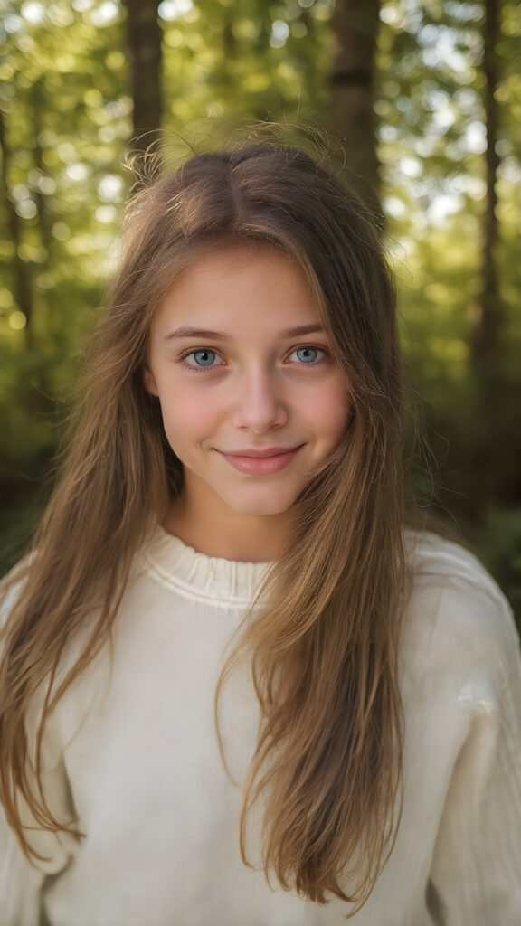 a vivid, full-body (((portrait))) in the style of ultra-realistic detailed photography, featuring a cute and beautiful teenage girl with ((long, flowing brown hair, perfect cut of equal right and left length)) and ((natural looking light brown eyes)), freckles on her face, wearing a ((white super fine sweater)), that brings out her ((summer glow)). She's smiling warmly into the camera, facing the viewer, with ((beautiful, soft and natural looking light brown lips)). The background is a (sunny forest) that complements the warm and inviting colors of the foreground figure. ((depth of field)) that gives the whole composition a ((natural and artistic aesthetic))