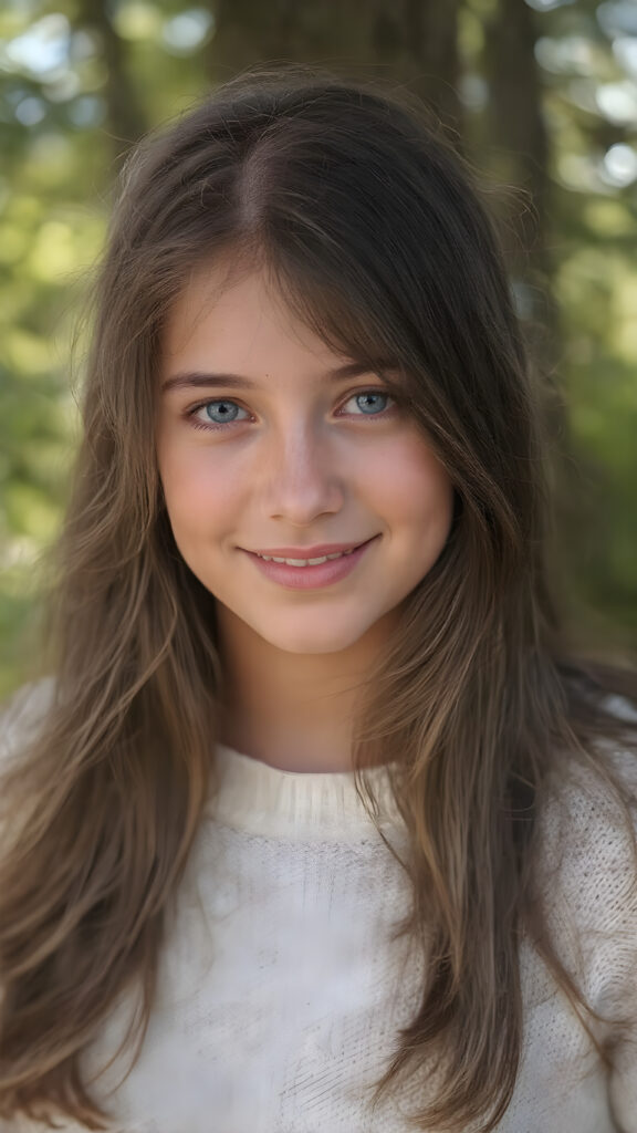 a vivid, full-body (((portrait))) in the style of ultra-realistic detailed photography, featuring a cute and beautiful teenage girl with ((long, flowing brown hair, perfect cut of equal right and left length)) and ((natural looking light brown eyes)), freckles on her face, wearing a ((white super fine sweater)), that brings out her ((summer glow)). She's smiling warmly into the camera, facing the viewer, with ((beautiful, soft and natural looking light brown lips)). The background is a (sunny forest) that complements the warm and inviting colors of the foreground figure. ((depth of field)) that gives the whole composition a ((natural and artistic aesthetic))
