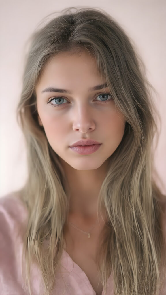 a (((vivid full body portrait))) showcasing a (((natural girl))) with long, (((detailed hair))), flowing down her shoulders and cascading down her back, her lips are full and painted in a (((light natural pink)), matching eyes she’s wearing a (((cotton shirt))), and a (((natural-toned body))), adorned with (((delicate hand and finger tattoos))), that give off a (((soft, pastel glow))). Her attire is (((comfortable, natural, and elegant))). She exudes a (((natural beauty))), with a (((light natural pink complexion))), and (((a soft, pastel pink expression))), that complements her (((vibrant, natural eyes))) beautifully. The scene is captured in a (((high-resolution, natural photograph))), with a (((soft, pastel pink light shining on her))) as the backdrop. Her posture is (((the most beautiful part of her body))), as it embodies (((Natural Beauty with a radiant glow))) that radiates an (((ethereal and alluring expression))), which gives off a (((subtle yet captivating vibe))).