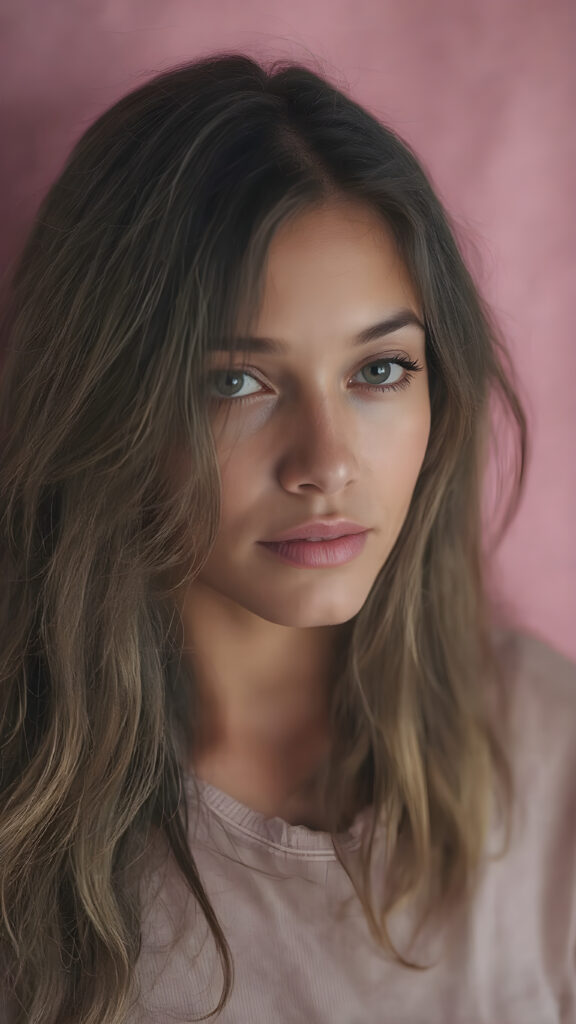 a (((vivid full body portrait))) showcasing a (((natural girl))) with long, (((detailed hair))), flowing down her shoulders and cascading down her back, her lips are full and painted in a (((light natural pink)), matching eyes she’s wearing a (((cotton shirt))), and a (((natural-toned body))), adorned with (((delicate hand and finger tattoos))), that give off a (((soft, pastel glow))). Her attire is (((comfortable, natural, and elegant))). She exudes a (((natural beauty))), with a (((light natural pink complexion))), and (((a soft, pastel pink expression))), that complements her (((vibrant, natural eyes))) beautifully. The scene is captured in a (((high-resolution, natural photograph))), with a (((soft, pastel pink light shining on her))) as the backdrop. Her posture is (((the most beautiful part of her body))), as it embodies (((Natural Beauty with a radiant glow))) that radiates an (((ethereal and alluring expression))), which gives off a (((subtle yet captivating vibe))).