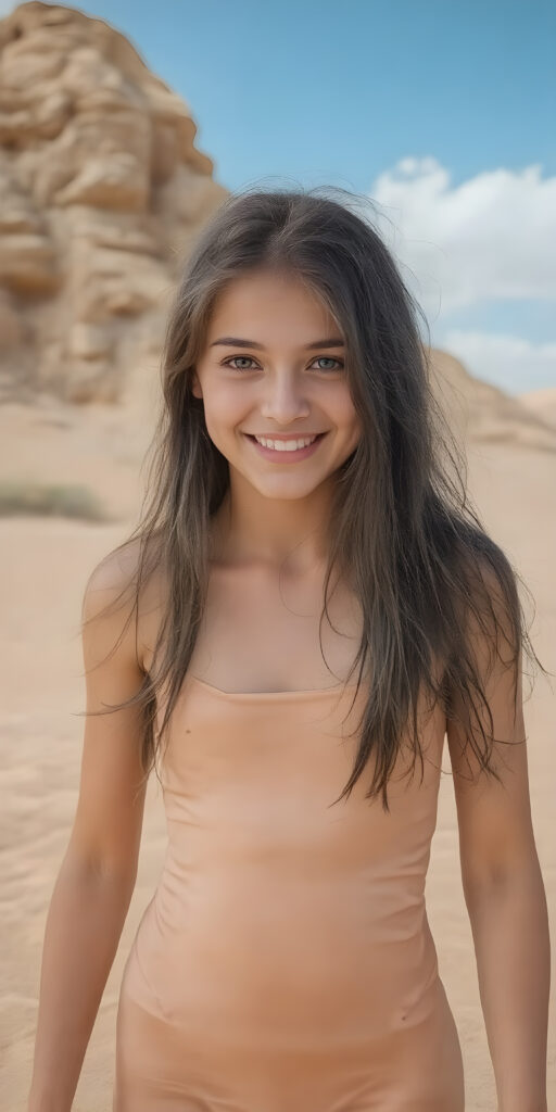 a (((vividly beautiful 15-year-old Caucasian girl))), with long, flowing, black straight hair, and (((brightly happy and radiating eyes))), dressed in a ((short, tight, thin summer dress)) that accentuates her perfect curved body in a sandy desert. The scene is set against a backdrop of a breathtakingly colorful and scenic dunes with a clear blue sky overhead and softly swirling winds at the edges of the dress, giving the image a timeless and otherworldly quality. The image exudes an air of pure joy and natural elegance.