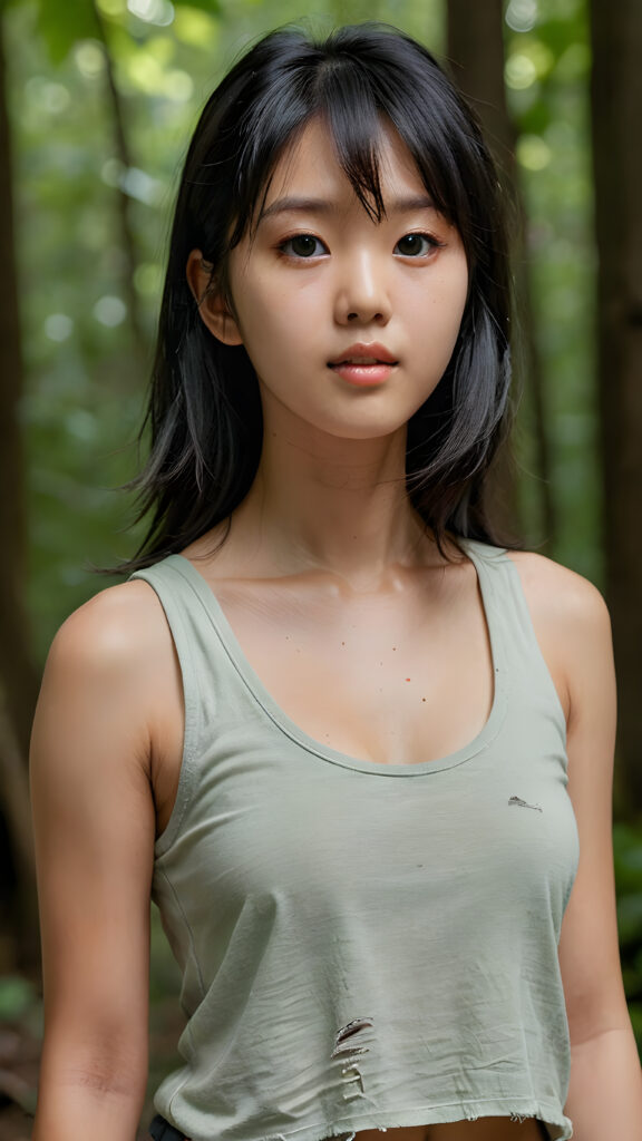 a (((vividly captured moment))) where a (((Korean cute young adult girl))), with straight jet-black hair bangs stands confidently, upper body portrait, exuding natural beauty. Her skin is flawless, with a slight translucency that adds to her overall appearance. She's dressed in a ((white sleeveless tattered and ripped green t-shirt)) that perfectly complements her youthful appearance. The shirt, which is cut short, accentuates her toned figure, highlighting her full body in a softly detailed pose. Her eyes are perfectly detailed and add to her overall allure. The scene is set against a backdrop of a (natural, nighttime forest) that completes this truly unforgettable moment.