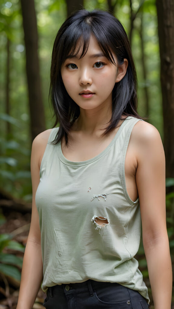 a (((vividly captured moment))) where a (((Korean cute young adult girl))), with straight jet-black hair bangs stands confidently, upper body portrait, exuding natural beauty. Her skin is flawless, with a slight translucency that adds to her overall appearance. She's dressed in a ((white sleeveless tattered and ripped green t-shirt)) that perfectly complements her youthful appearance. The shirt, which is cut short, accentuates her toned figure, highlighting her full body in a softly detailed pose. Her eyes are perfectly detailed and add to her overall allure. The scene is set against a backdrop of a (natural, nighttime forest) that completes this truly unforgettable moment.