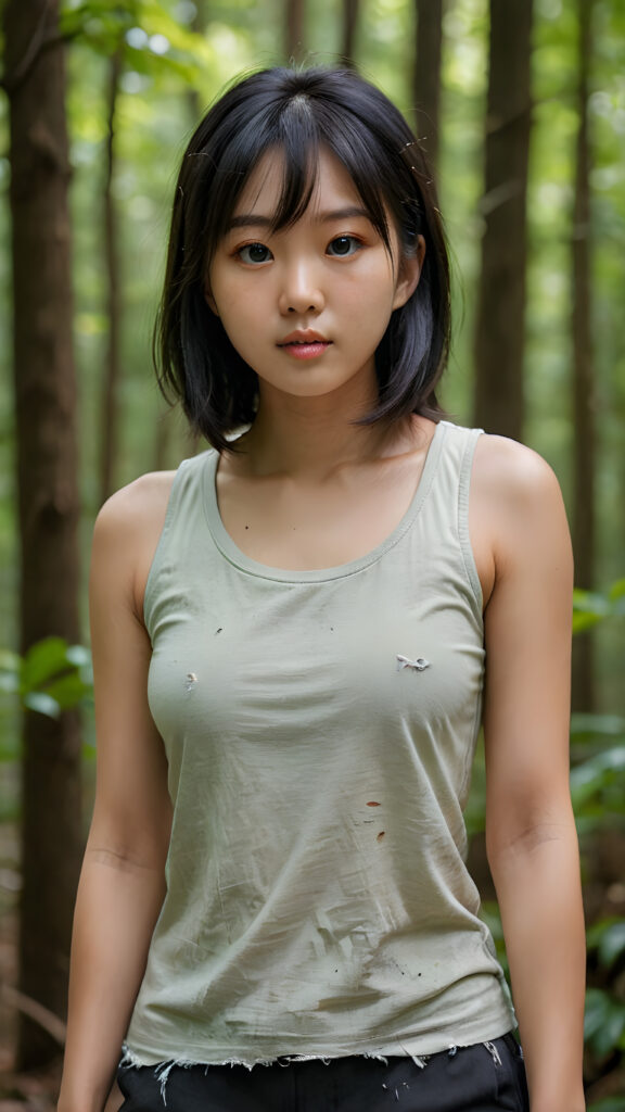 a (((vividly captured moment))) where a (((Korean cute young adult girl))), with straight jet-black hair bangs stands confidently, upper body portrait, exuding natural beauty. Her skin is flawless, with a slight translucency that adds to her overall appearance. She's dressed in a ((white sleeveless tattered and ripped green t-shirt)) that perfectly complements her youthful appearance. The shirt, which is cut short, accentuates her toned figure, highlighting her full body in a softly detailed pose. Her eyes are perfectly detailed and add to her overall allure. The scene is set against a backdrop of a (natural, nighttime forest) that completes this truly unforgettable moment.